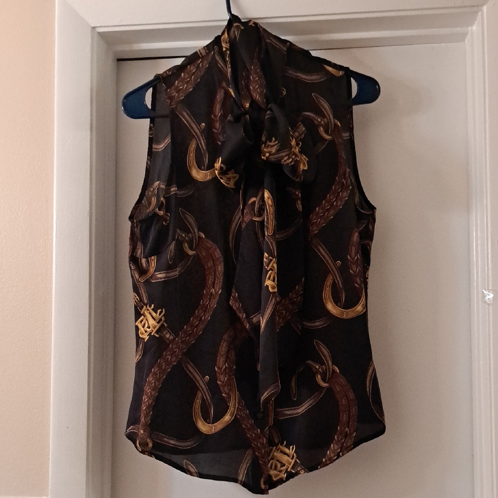 Ralph Lauren Black and Gold Sleeveless Equestrian Desin Silk Tie Blouse Sz6 EUC